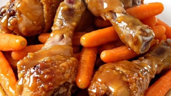 Golden honey mustard glazed chicken drumsticks in a slow cooker with carrots.