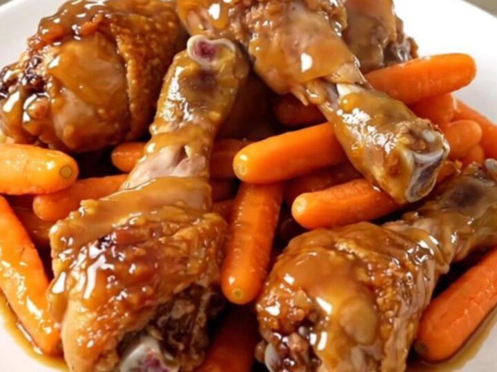 Golden honey mustard glazed chicken drumsticks in a slow cooker with carrots.