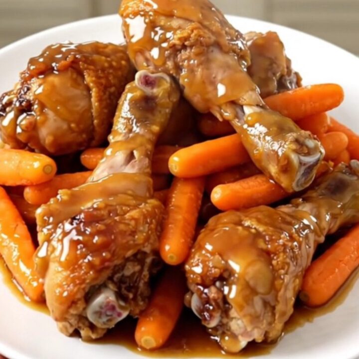 Golden honey mustard glazed chicken drumsticks in a slow cooker with carrots.