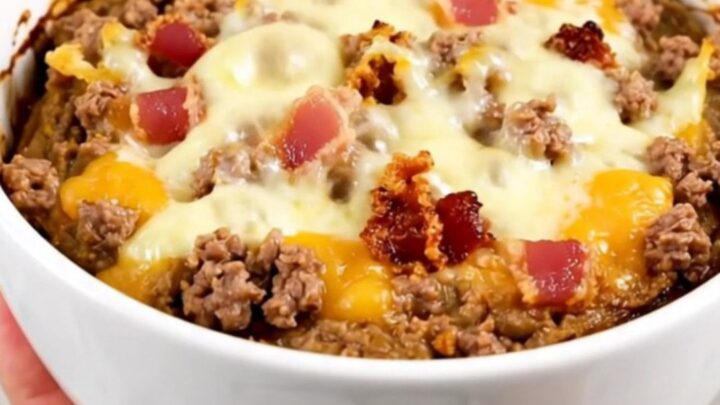 A top-down view of a black slow cooker filled with a creamy bacon double cheeseburger dip on a white quartz countertop.