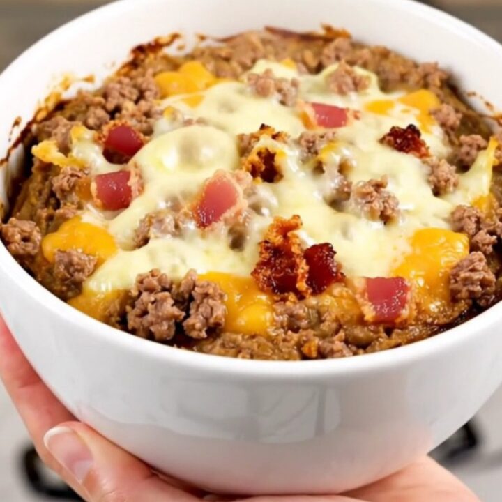 A top-down view of a black slow cooker filled with a creamy bacon double cheeseburger dip on a white quartz countertop.