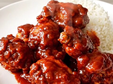 A close-up of glossy firecracker chicken served over white rice on a white plate.