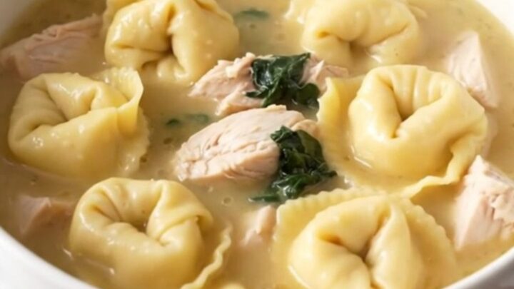 A steaming bowl of creamy chicken tortellini soup with visible pieces of chicken and fresh spinach.