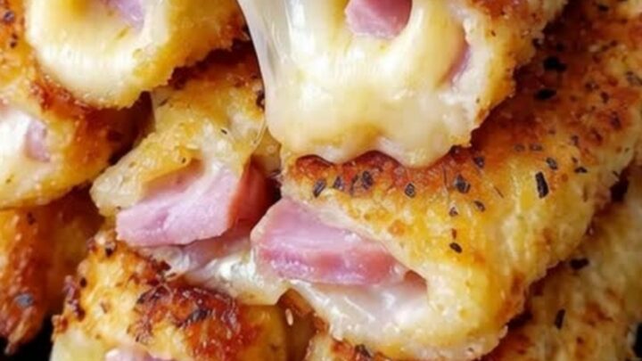 A golden-brown baked ham and cheese stick pulled apart, showing a dramatic, steamy mozzarella stretch.