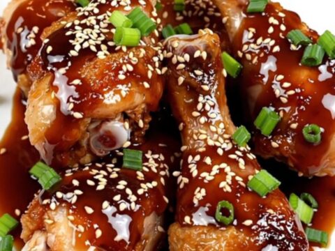 Glossy teriyaki garlic chicken drumsticks served on a white plate.