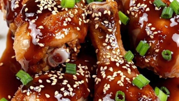 Glossy teriyaki garlic chicken drumsticks served on a white plate.