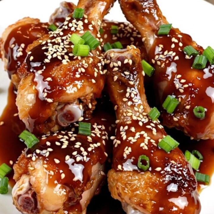Glossy teriyaki garlic chicken drumsticks served on a white plate.