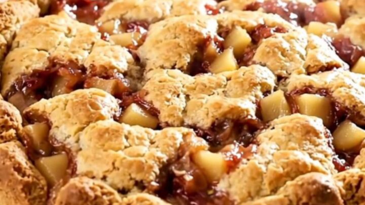 A warm, golden-crusted apple cobbler inside a black slow cooker insert on a white countertop.