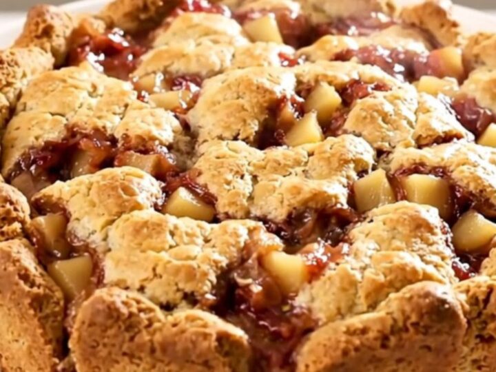 A warm, golden-crusted apple cobbler inside a black slow cooker insert on a white countertop.