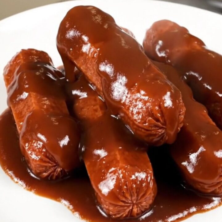 Glossy, dark barbecue-glazed cocktail smokies piled on a white plate.