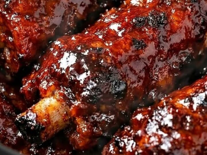 A close-up shot of tender, sticky honey garlic BBQ beef ribs glistening under warm kitchen lights inside a slow cooker.