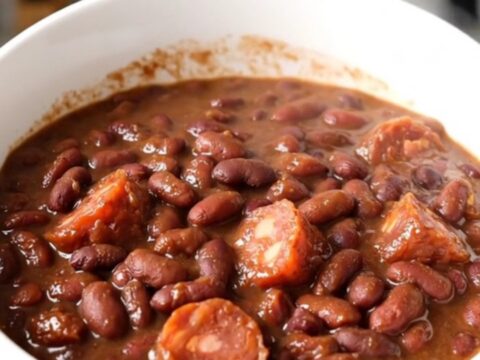 A slow cooker filled with hearty charro beans, chorizo, and onions on a white quartz countertop.
