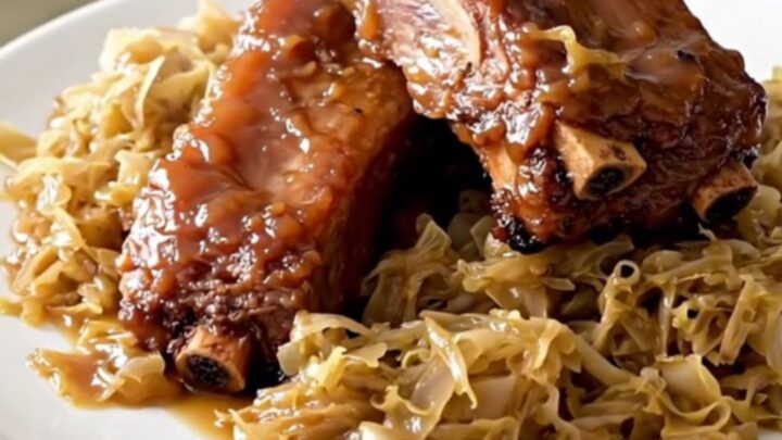 A close-up of slow-cooked country-style pork ribs covered in a shiny glaze and tangy sauerkraut.