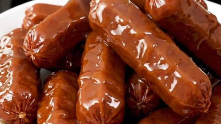 A black slow cooker on a white countertop filled with glazed maple bacon cocktail smokies.