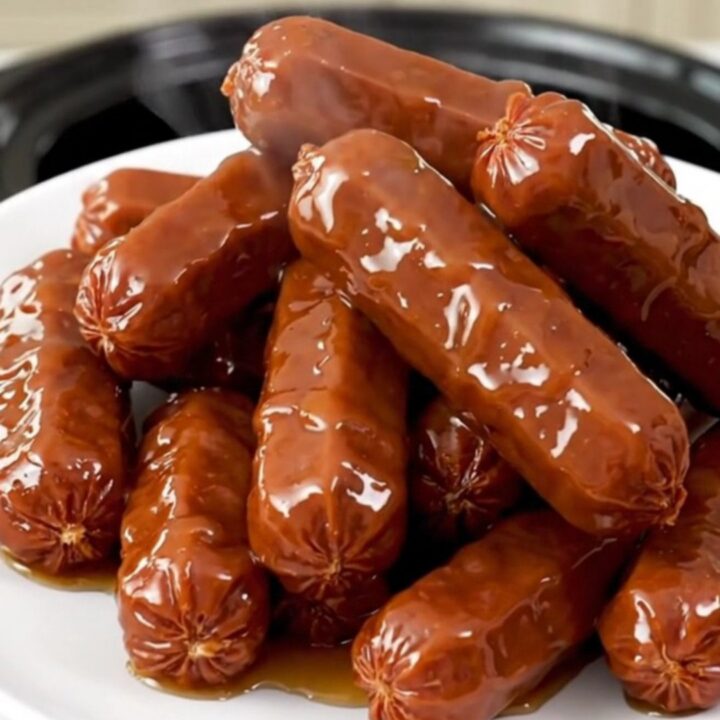 A black slow cooker on a white countertop filled with glazed maple bacon cocktail smokies.