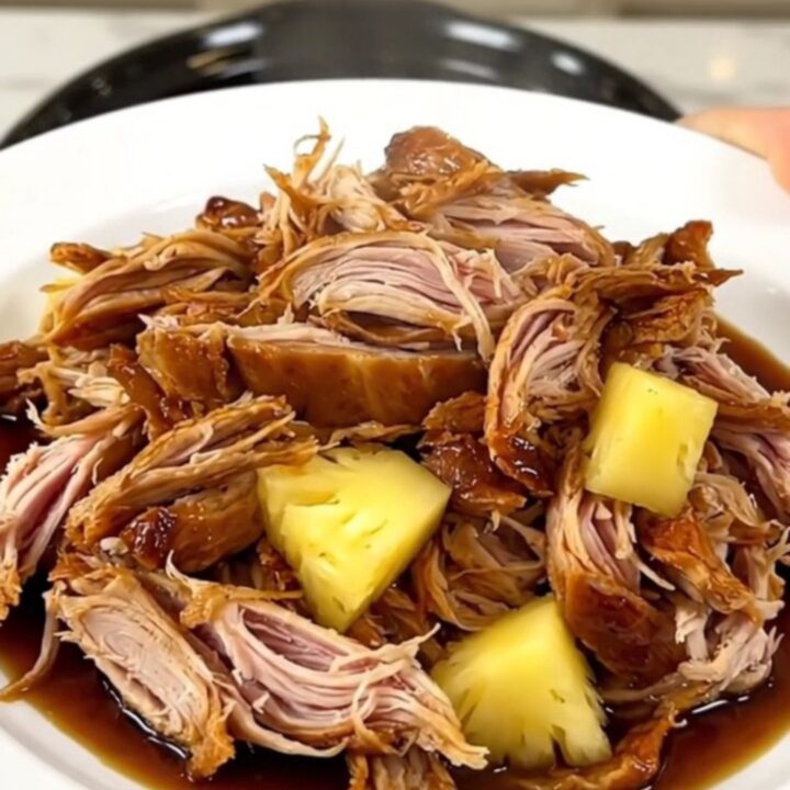 Slow-cooked shredded teriyaki turkey served with pineapple chunks on a white plate.
