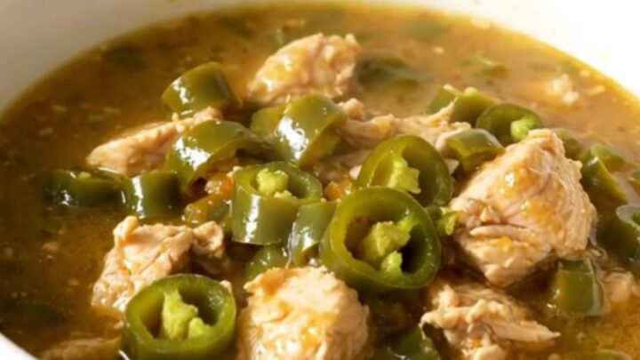 A white bowl filled with steaming green chile chicken stew on a quartz countertop.