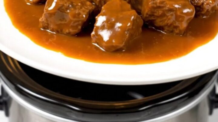 A close-up of tender orange beef strips served on a white plate with a glossy, vibrant sauce.