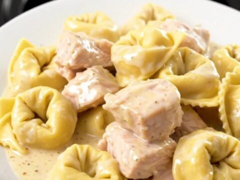 A steaming, creamy bowl of slow cooker chicken and cheese tortellini in a rich alfredo sauce.