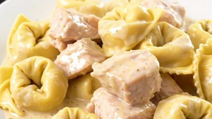 A steaming, creamy bowl of slow cooker chicken and cheese tortellini in a rich alfredo sauce.