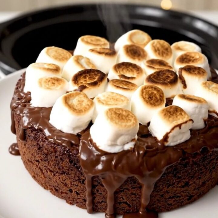 A top-down view of a black slow cooker filled with a freshly prepared chocolate s'mores dump cake.