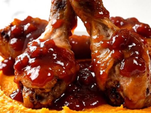 A plate of glossy, slow-cooked cranberry barbecue chicken drumsticks served over creamy mashed sweet potatoes.