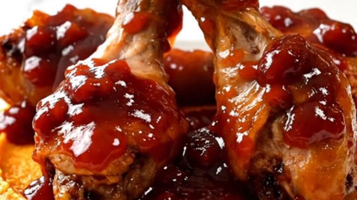 A plate of glossy, slow-cooked cranberry barbecue chicken drumsticks served over creamy mashed sweet potatoes.