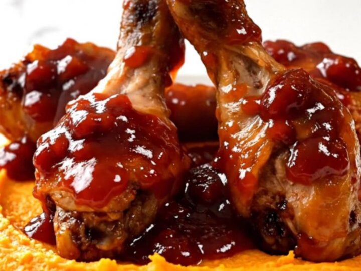 A plate of glossy, slow-cooked cranberry barbecue chicken drumsticks served over creamy mashed sweet potatoes.