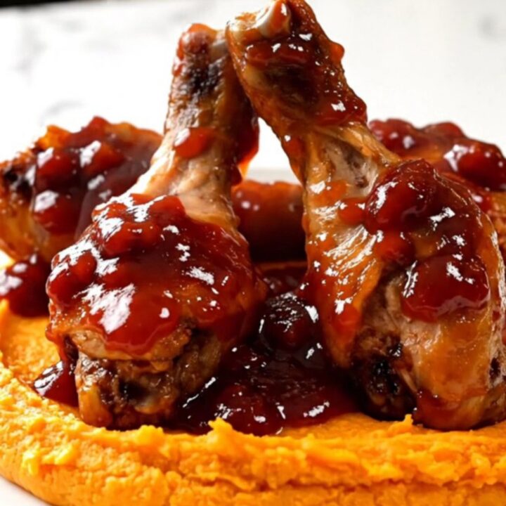 A plate of glossy, slow-cooked cranberry barbecue chicken drumsticks served over creamy mashed sweet potatoes.