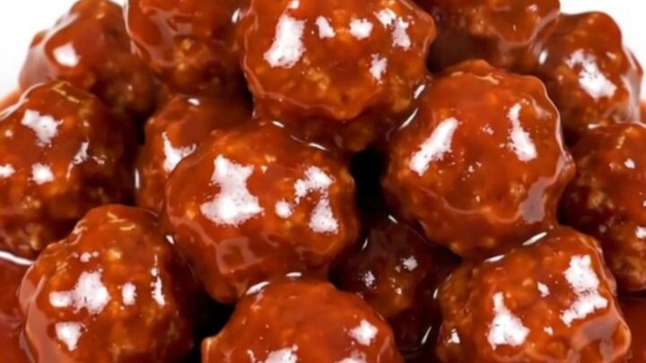 A black slow cooker filled with glossy, dark-glazed meatballs on a white speckled countertop.