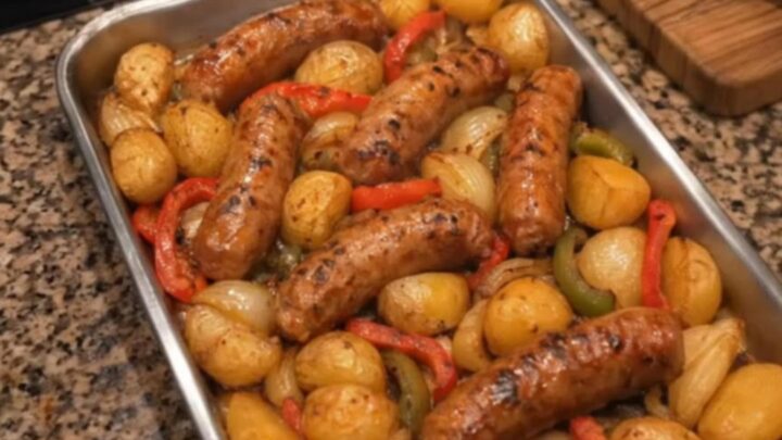 A sizzling sheet pan of roasted sausage chunks, crispy golden baby potatoes, and charred peppers