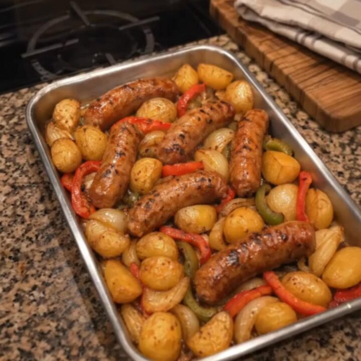 A sizzling sheet pan of roasted sausage chunks, crispy golden baby potatoes, and charred peppers