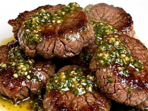 A close-up of tender, glossy chimichurri steak bites served on a plain white plate.