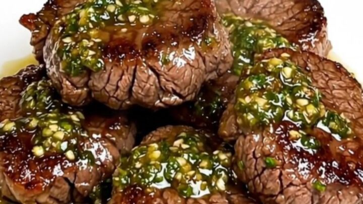 A close-up of tender, glossy chimichurri steak bites served on a plain white plate.