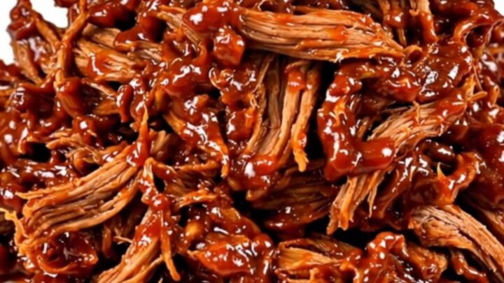A white plate topped with a generous portion of glossy, shredded Korean-style pork with visible steam rising from it.