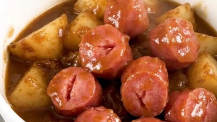 A steaming bowl of bratwurst and potato stew filled with chunks of sausage, red potatoes