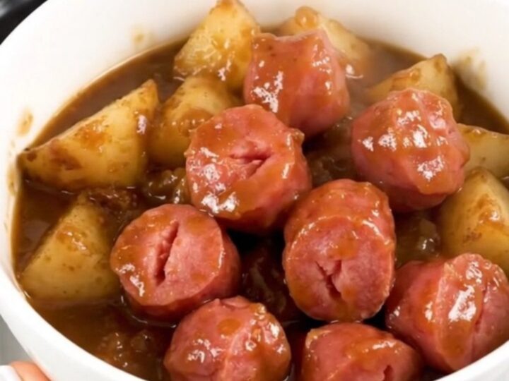 A steaming bowl of bratwurst and potato stew filled with chunks of sausage, red potatoes
