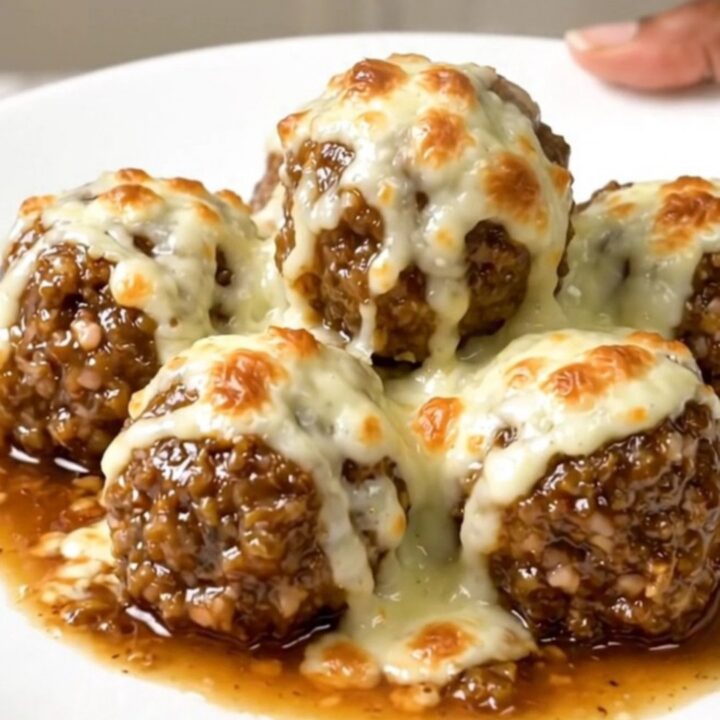 A slow cooker filled with beef meatballs, French onion soup, and melted provolone cheese on a white countertop.