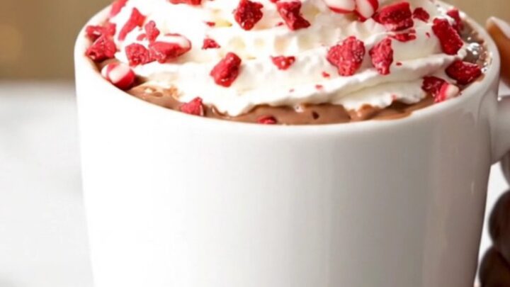 A steaming mug of dark chocolate peppermint cocoa topped with whipped cream and crushed candy canes.