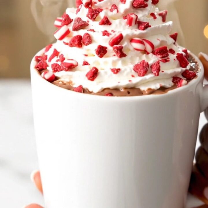 A steaming mug of dark chocolate peppermint cocoa topped with whipped cream and crushed candy canes.