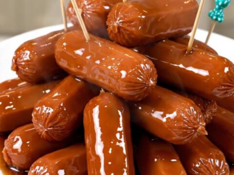 A close-up of glossy, dark brown cocktail smokies in a slow cooker with pineapple tidbits.