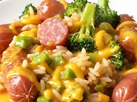 A top-down view of a black slow cooker filled with kielbasa, broccoli, and a creamy cheese sauce.