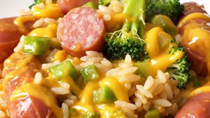 A top-down view of a black slow cooker filled with kielbasa, broccoli, and a creamy cheese sauce.