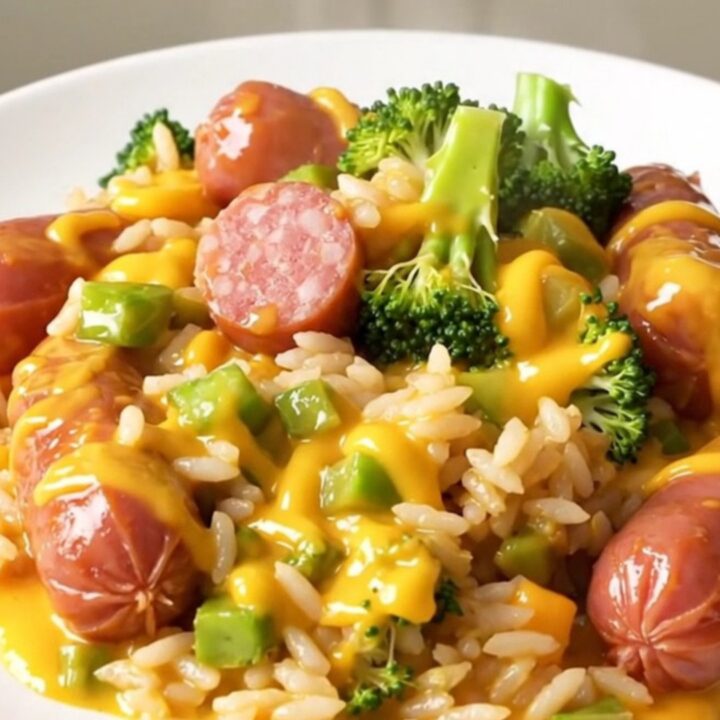 A top-down view of a black slow cooker filled with kielbasa, broccoli, and a creamy cheese sauce.