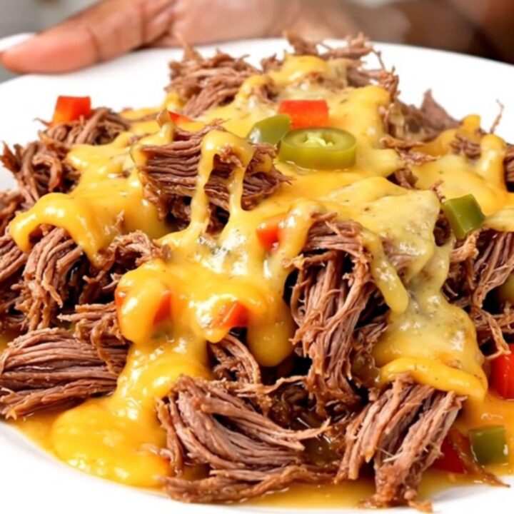 A plate of tender, slow-cooked shredded beef topped with melted pepper jack cheese.
