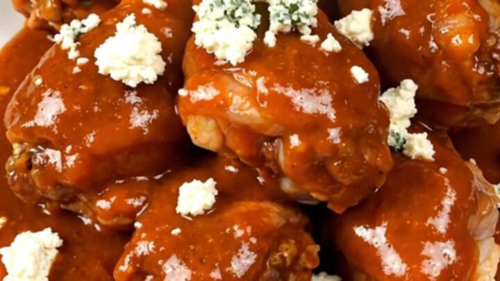 A top-down view of a black slow cooker filled with raw chicken drumsticks, celery, and buffalo sauce.