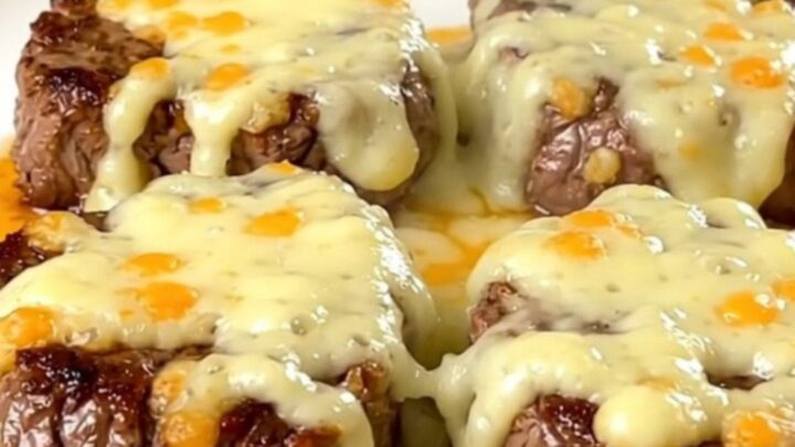 A plate of tender, slow-cooked steak bites coated in melted pepper jack cheese and green chiles.