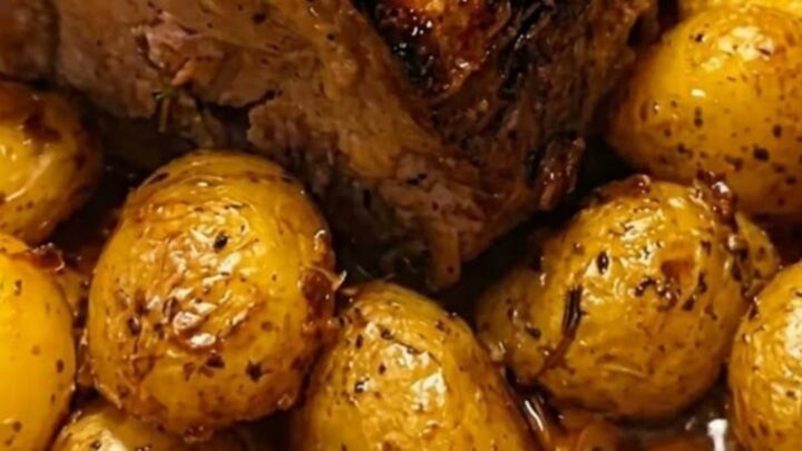 Slices of tender herb-crusted pork loin served next to crispy golden baby potatoes in a dark baking dish.