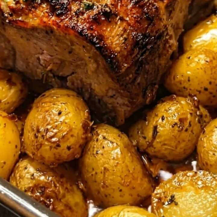 Slices of tender herb-crusted pork loin served next to crispy golden baby potatoes in a dark baking dish.
