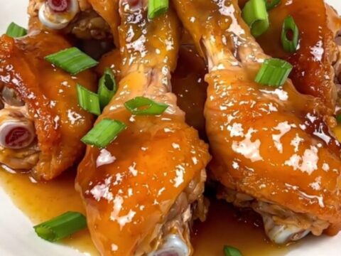 A close-up of glossy orange glazed chicken drumsticks on a white plate with green onions.